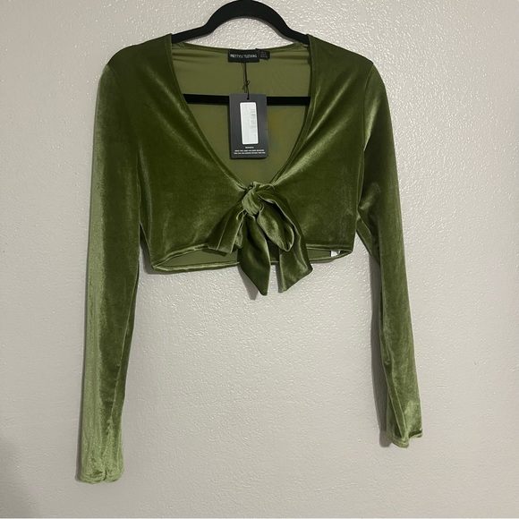 NWT PLT Shape Olive Velvet Tie Front Crop Top with Matching Velvet Tights Size 8 - Picture 5 of 9